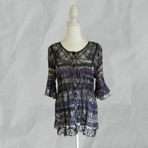 New Directions Tie Dye Top Lace Artsy Crinkle Pleated Bell Sleeve Size XL